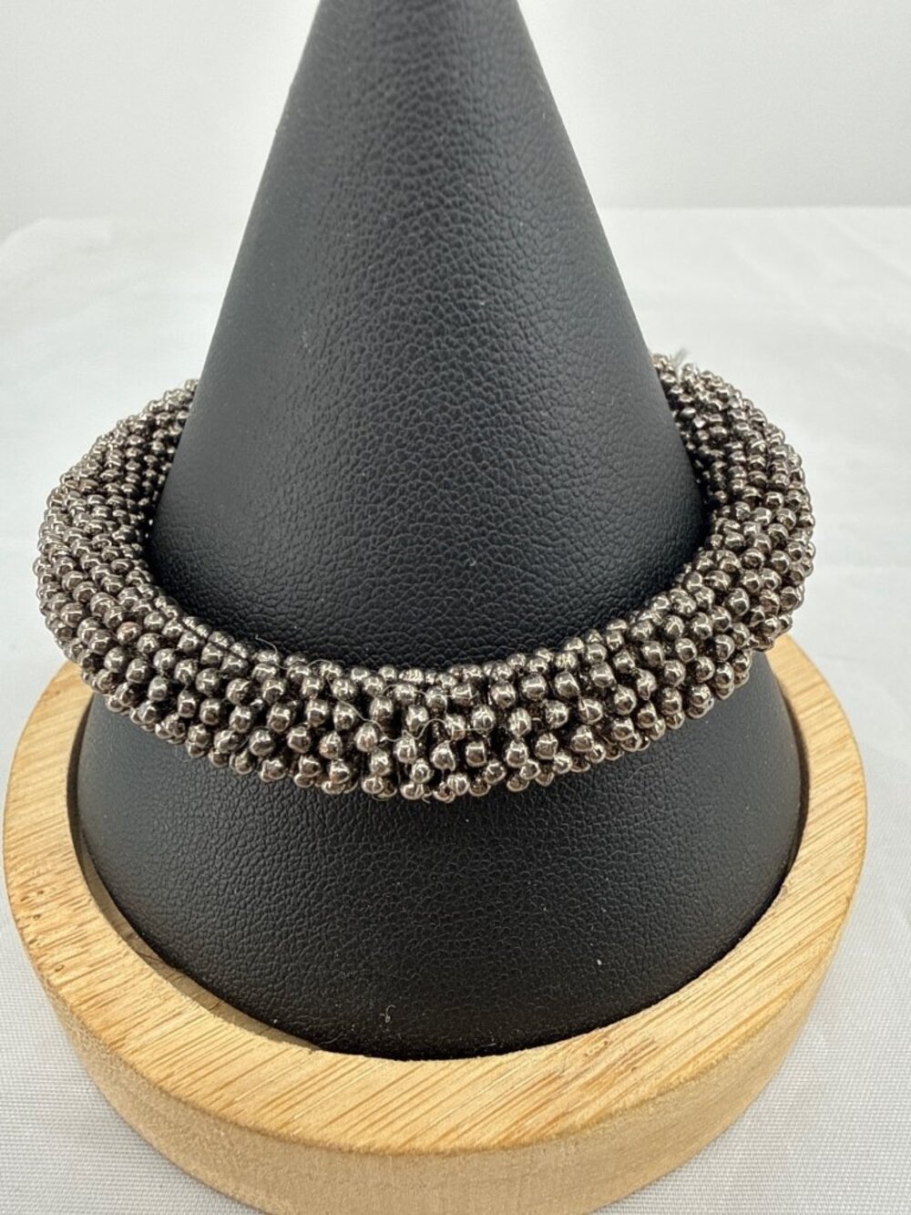 Vintage Silver Beaded Mesh Stretch Bracelet Y2K Chunky Caterpillar Statement
